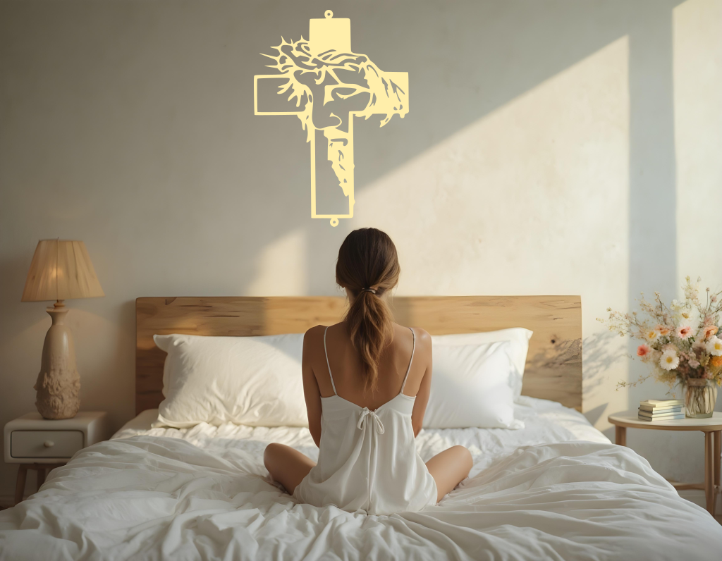 Metal wall art featuring a cross with a silhouette of Jesus wearing a crown of thorns, finished in Canola Cream powder coating, mounted on a light wall above a bed, adding a serene and spiritual element to the bedroom.