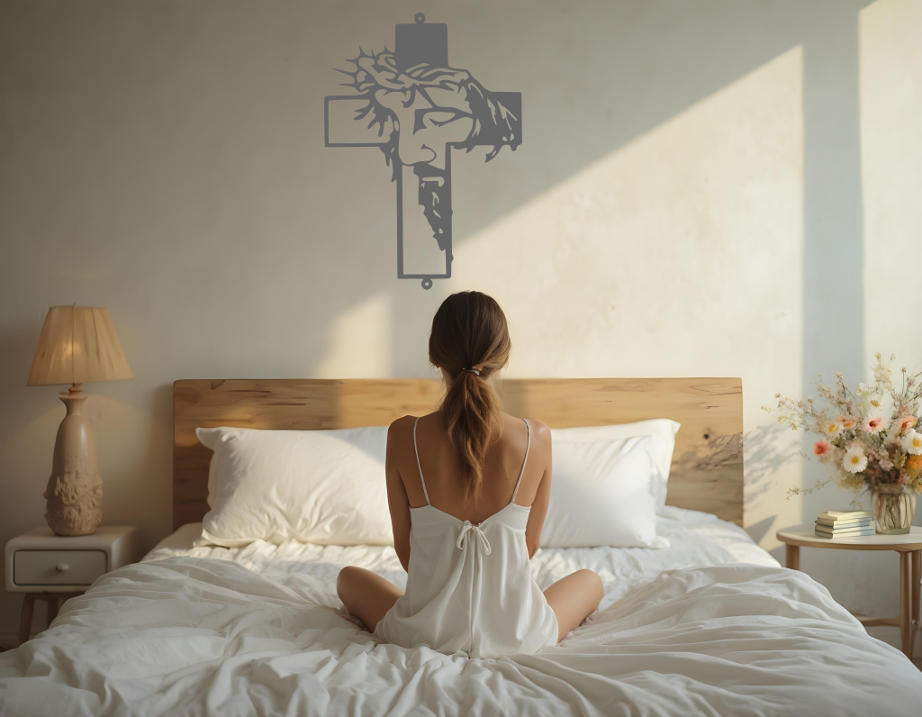 Metal wall art featuring a cross with a silhouette of Jesus wearing a crown of thorns, finished in Berry Grey Gloss powder coating, mounted on a light wall above a bed, adding a serene and spiritual element to the bedroom.