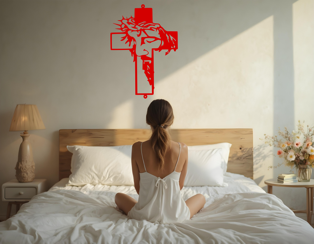 Metal wall art featuring a cross with a silhouette of Jesus wearing a crown of thorns, finished in Signal Red powder coating, mounted on a light wall above a bed, adding a serene and spiritual element to the bedroom.