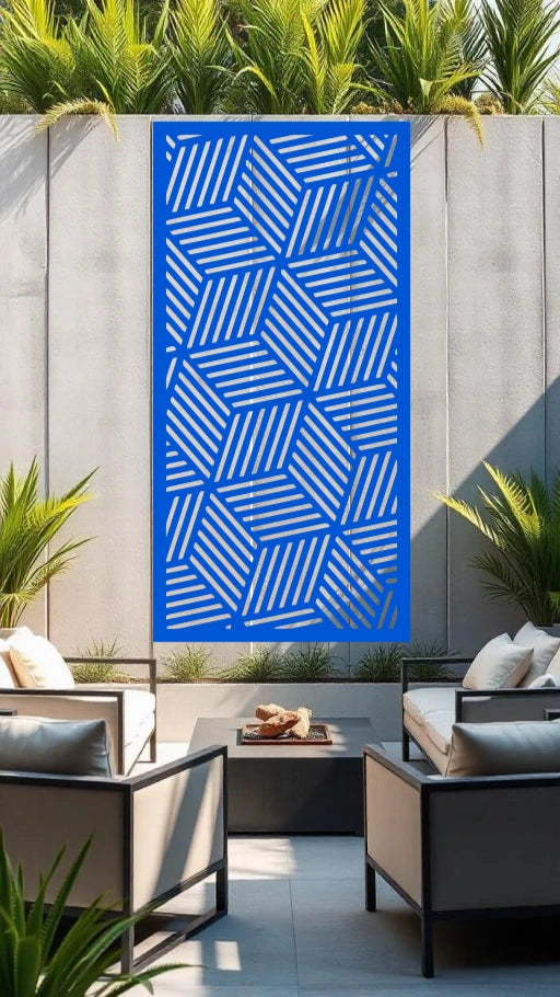 Cubix Rubix privacy screen in Blaze Blue Gloss, featuring a bold blue tone and geometric design, perfect for modern privacy with a splash of color in outdoor decor.