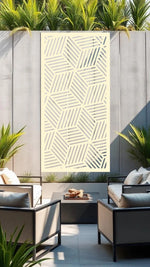 Cubix Rubix privacy screen in Canola Cream, with a warm, cream finish and eye-catching cube pattern, ideal for softening outdoor decor while providing stylish privacy.