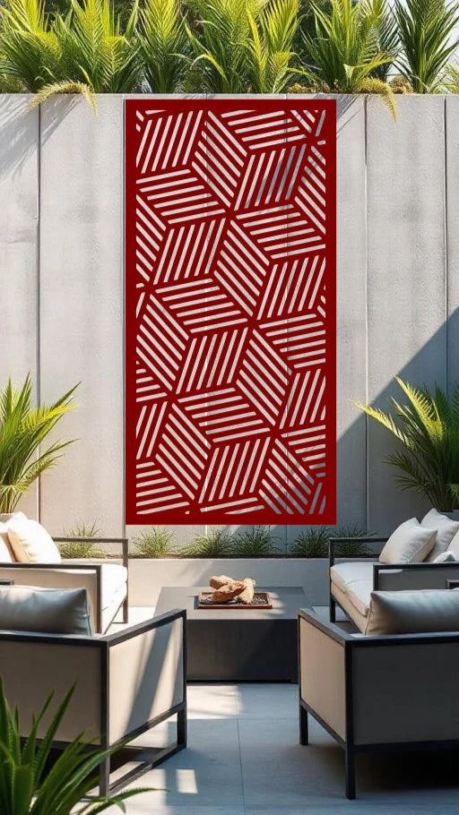 Cubix Rubix privacy screen in Manor Red, displaying a rich red tone with a bold, cubic design, adding an energetic privacy solution to outdoor living areas.