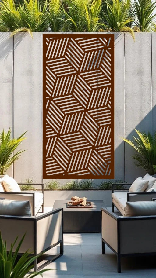 Cubix Rubix privacy screen in Rust Patina, offering a rustic, earthy finish with a geometric cube pattern that blends privacy with a natural, weathered look for garden decor.