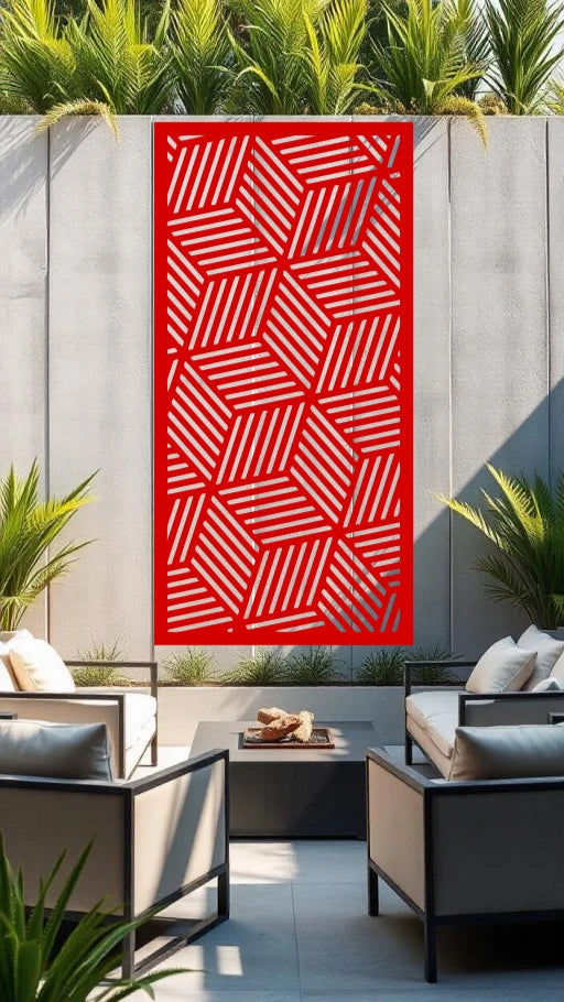 Cubix Rubix privacy screen in Signal Red, showcasing a vibrant red color with a striking cube design, perfect for bold privacy in patios and outdoor spaces.