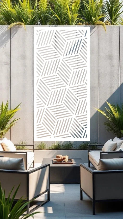 Cubix Rubix privacy screen in Bright White Gloss, showcasing a clean, geometric cube design that combines privacy with contemporary elegance for gardens and patios.