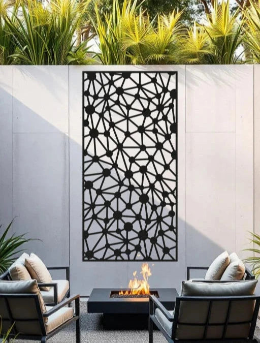 Join the Dots privacy screen in Night Sky Matt Black, featuring an abstract dot-and-line pattern that adds a modern touch to outdoor spaces, perfect for stylish privacy on patios and in gardens.