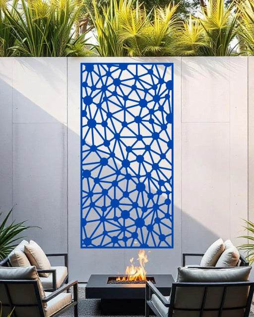 Join the Dots privacy screen in Blaze Blue Gloss, featuring a bold blue finish and intricate dot-and-line pattern, perfect for adding both color and privacy to outdoor areas.