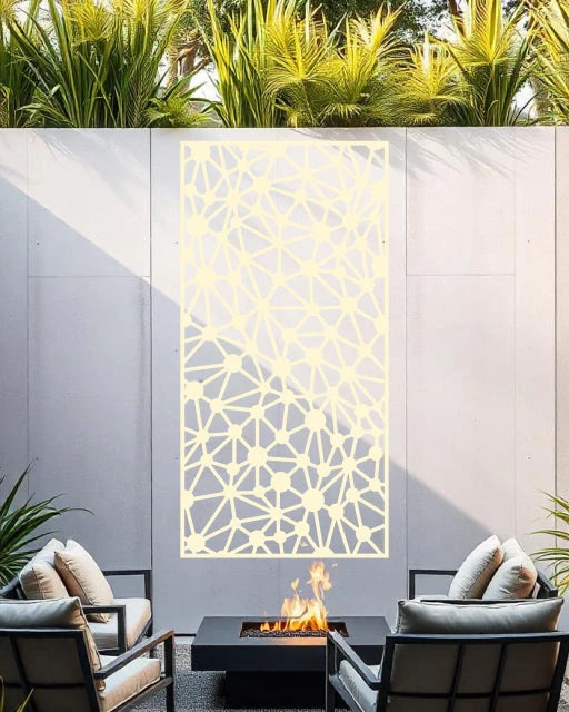 Join the Dots privacy screen in Canola Cream, showcasing a soft, warm tone and abstract dot pattern, ideal for blending privacy with decorative charm in outdoor settings.