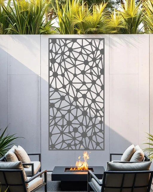 Join the Dots privacy screen in Berry Grey Gloss, combining a sleek grey tone with a dot-and-line design, providing both privacy and a modern look for patios and garden areas.