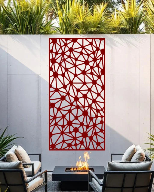 Join the Dots privacy screen in Manor Red, with a bold, dynamic dot-and-line design that makes a statement while providing stylish privacy for patios and outdoor living areas.