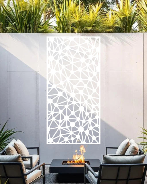 Join the Dots privacy screen in Bright White Gloss, offering a contemporary dot-connected design that enhances outdoor aesthetics while providing functional privacy for gardens and patios.