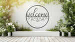 Metal wall art featuring a circular 'Welcome' sign with intricate scrollwork below the text, finished in Berry Grey Gloss powder coating, mounted on a white fence surrounded by lush greenery, adding a charming and inviting touch to an outdoor garden space.