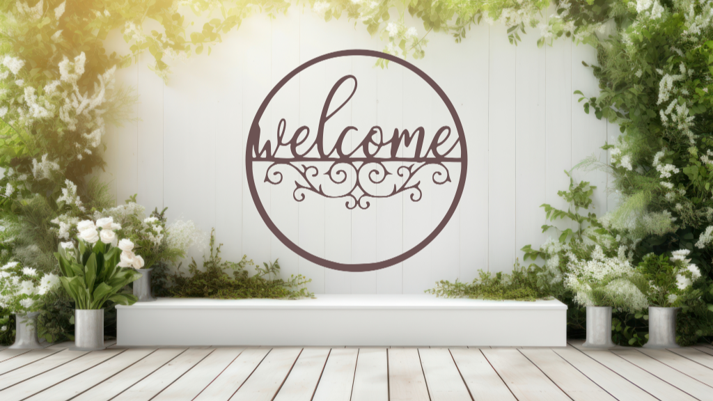 Metal wall art featuring a circular 'Welcome' sign with intricate scrollwork below the text, finished in Rust Patina powder coating, mounted on a white fence surrounded by lush greenery, adding a charming and inviting touch to an outdoor garden space