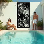 Exotic Eden privacy screen in Night Sky Matt Black, featuring lush tropical foliage and delicate floral patterns, perfect for modern garden privacy or stylish outdoor decor