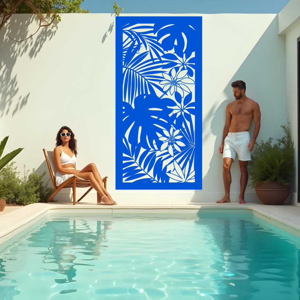 Exotic Eden privacy screen in Blaze Blue Gloss, featuring vivid blue tones and intricate botanical details, perfect for a vibrant and stylish outdoor setting