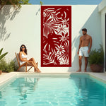 Exotic Eden privacy screen in Manor Red, combining rich red hues with a tropical botanical theme, perfect for creating a bold accent in your garden.