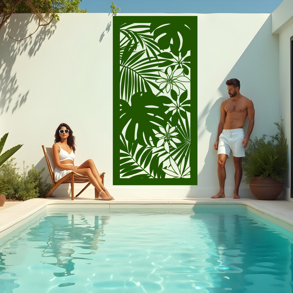 Exotic Eden privacy screen in Mistletoe green, highlighting tropical foliage with a lush green finish for a refreshing natural vibe.