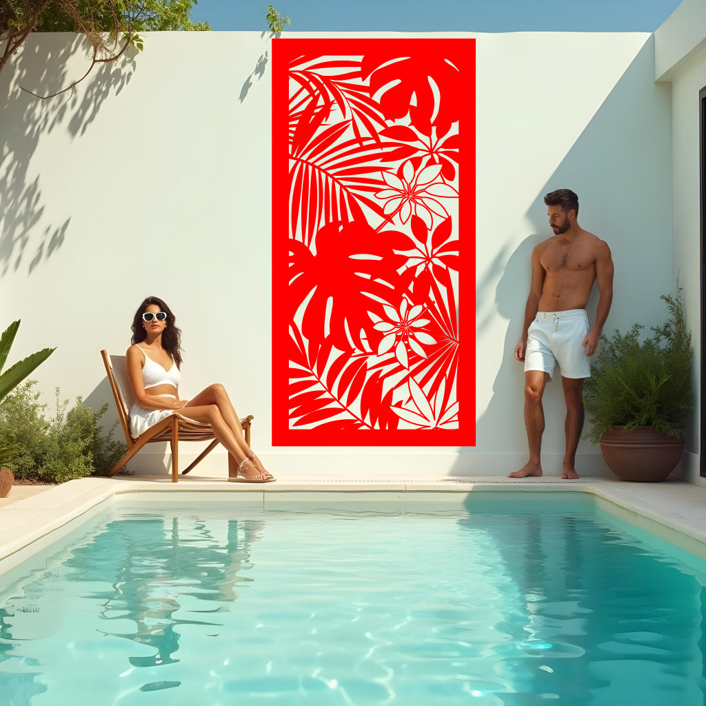 Exotic Eden privacy screen in Signal Red, showcasing a vibrant tropical pattern with bold red tones, ideal for energizing any outdoor space.