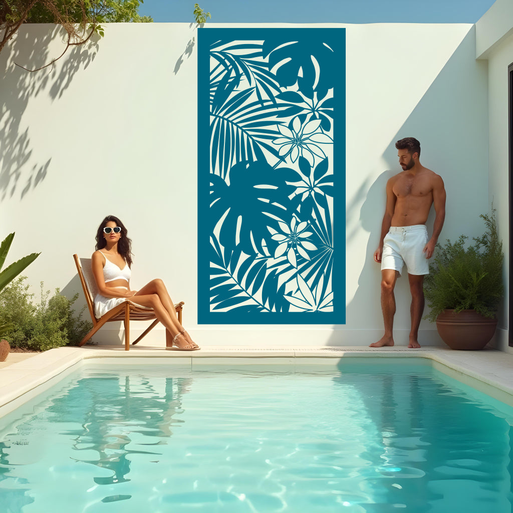 Exotic Eden privacy screen in Wedgwood Satin blue, blending tropical aesthetics with a smooth blue finish for a calming outdoor atmosphere.