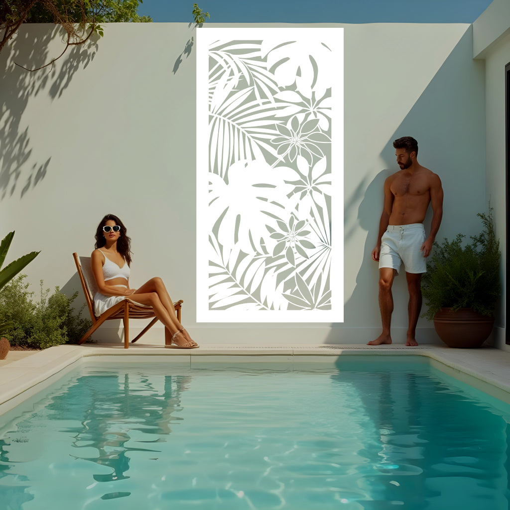 Exotic Eden privacy screen in Bright White Gloss, showcasing a clean and vibrant tropical leaf design, ideal for brightening patios and outdoor living spaces.