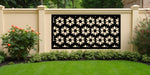 Floral Fiesta metal privacy screen in Black, displaying a vibrant repeating floral pattern perfect for enhancing gardens and patios with modern elegance.