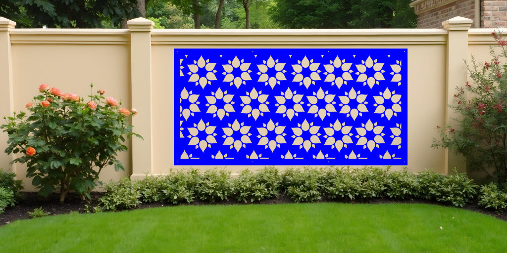 Floral Fiesta decorative screen in Blaze Blue Gloss, adding a vibrant touch to outdoor spaces with a playful and intricate floral pattern.