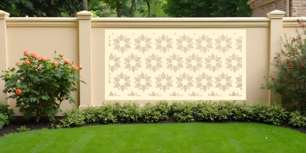 Floral Fiesta screen in Canola Cream, providing a warm, inviting floral pattern ideal for softening the aesthetics of garden fences and patio walls