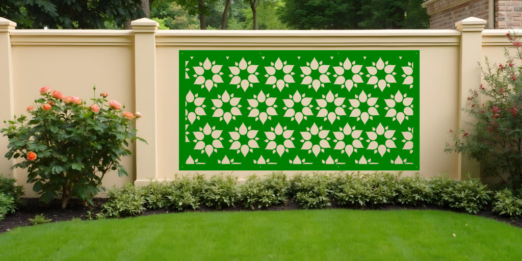 Floral Fiesta privacy screen in Mistletoe green, featuring a lively floral motif that harmonizes beautifully with natural garden elements.