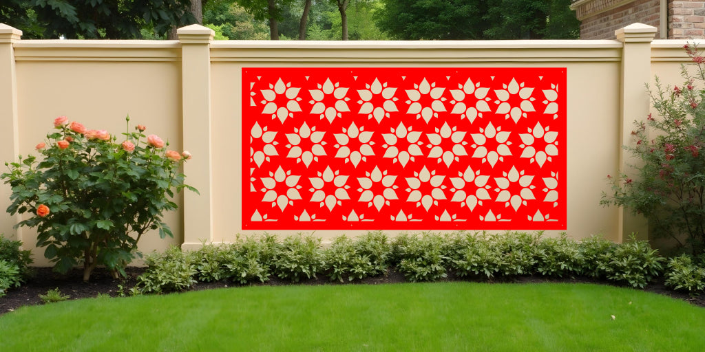 Floral Fiesta metal screen in Signal Red, merging a vibrant, energetic color with a bold floral pattern for striking outdoor and indoor decor.