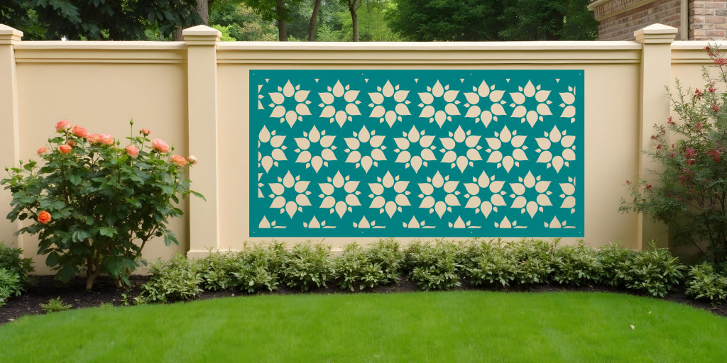 Floral Fiesta screen in Wedgwood Satin blue, blending a serene color with an intricate floral design for a peaceful outdoor ambiance.