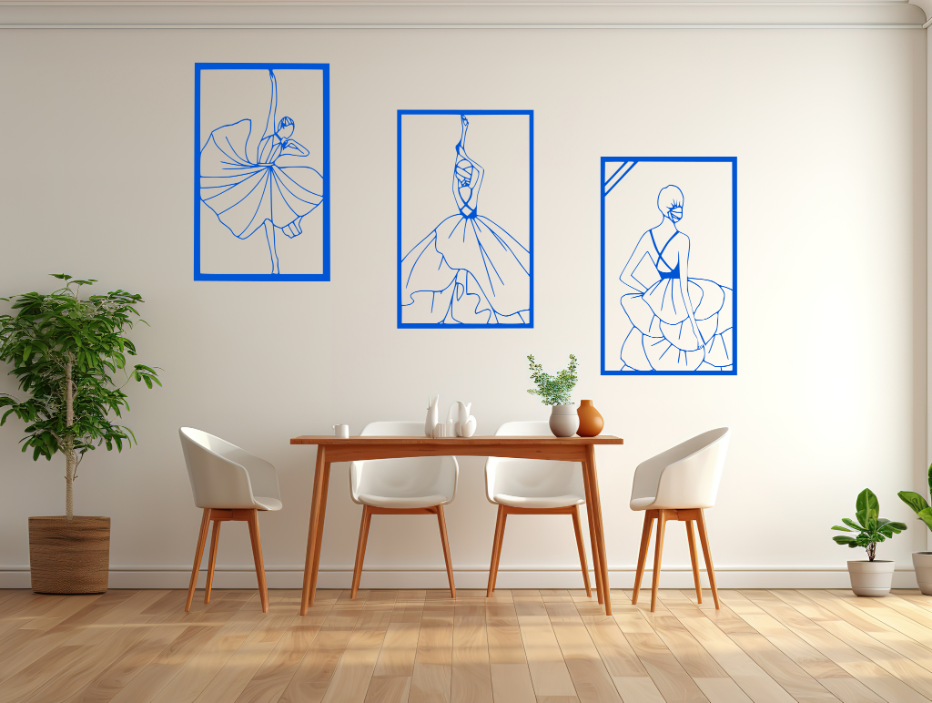 Metal wall art set featuring three minimalist line-drawing silhouettes of elegant flamenco dancers in flowing dresses, finished in Blaze Blue Gloss powder coating, mounted on a white wall in a modern dining area with light wood furniture, adding a dynamic and artistic touch to the space.