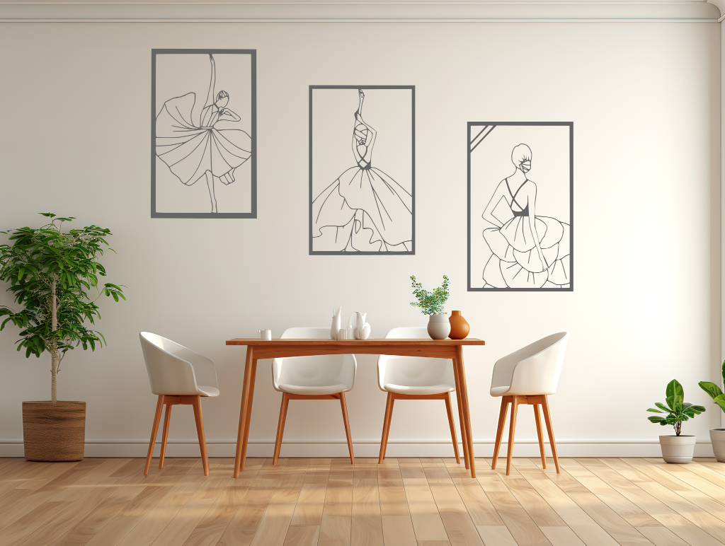 Metal wall art set featuring three minimalist line-drawing silhouettes of elegant flamenco dancers in flowing dresses, finished in Berry Grey Gloss powder coating, mounted on a white wall in a modern dining area with light wood furniture, adding a dynamic and artistic touch to the space.