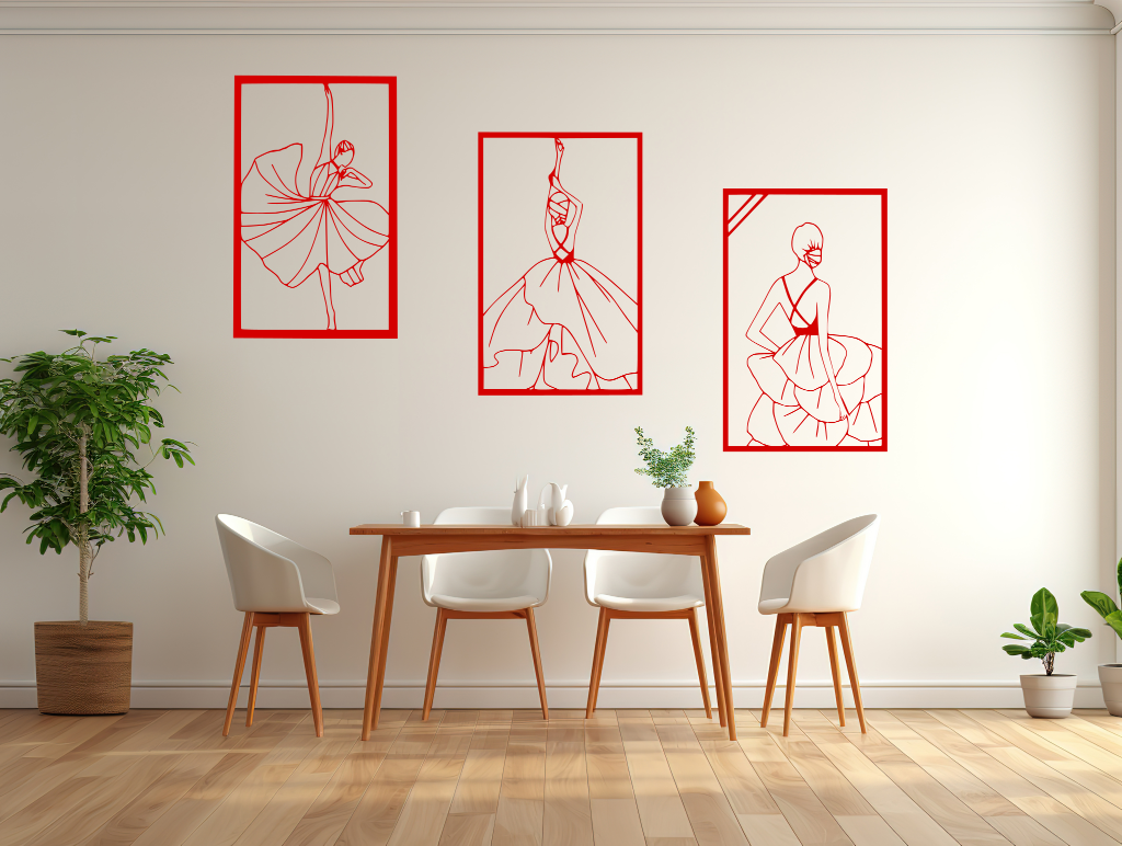 Metal wall art set featuring three minimalist line-drawing silhouettes of elegant flamenco dancers in flowing dresses, finished in Signal Red powder coating, mounted on a white wall in a modern dining area with light wood furniture, adding a dynamic and artistic touch to the space.