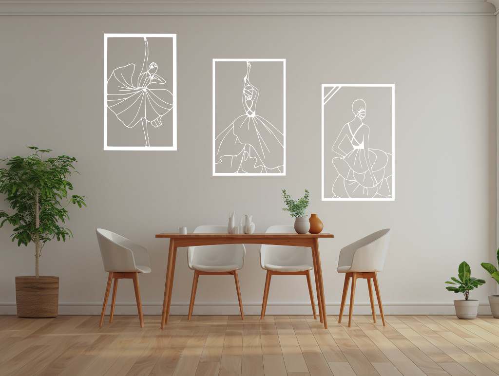 Metal wall art set featuring three minimalist line-drawing silhouettes of elegant flamenco dancers in flowing dresses, finished in Bright White Gloss powder coating, mounted on a white wall in a modern dining area with light wood furniture, adding a dynamic and artistic touch to the space.