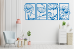 Set of four metal wall art pieces featuring intricate floral designs, finished in Blaze Blue Gloss powder coating. The artwork is displayed on a white wall in a modern living room setting with soft pastel tones and cozy furniture, adding a natural and elegant touch to the space.