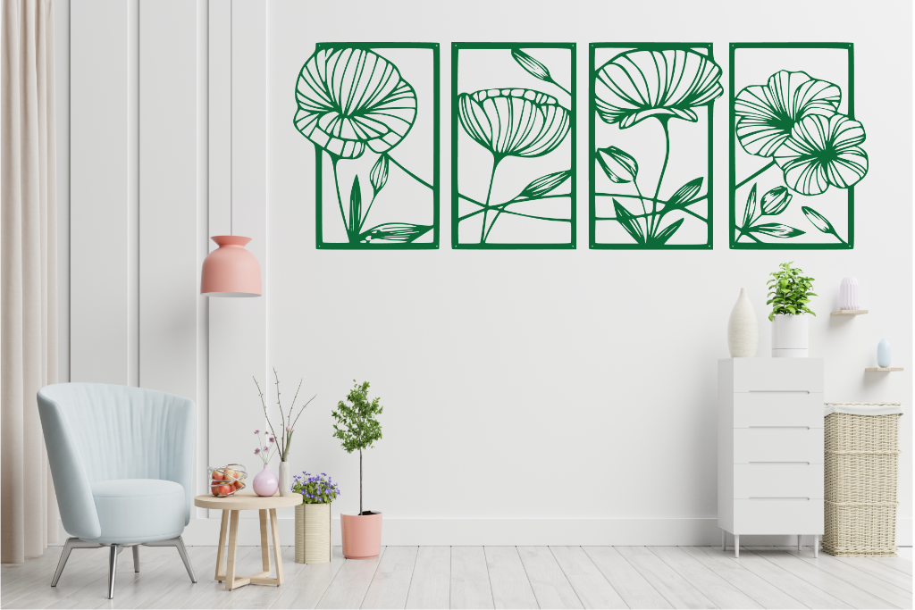 Set of four metal wall art pieces featuring intricate floral designs, finished in Mistletoe powder coating. The artwork is displayed on a white wall in a modern living room setting with soft pastel tones and cozy furniture, adding a natural and elegant touch to the space.