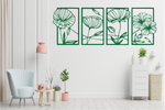 Set of four metal wall art pieces featuring intricate floral designs, finished in Mistletoe powder coating. The artwork is displayed on a white wall in a modern living room setting with soft pastel tones and cozy furniture, adding a natural and elegant touch to the space.