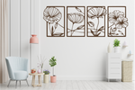 Set of four metal wall art pieces featuring intricate floral designs, finished in Rust Patina powder coating. The artwork is displayed on a white wall in a modern living room setting with soft pastel tones and cozy furniture, adding a natural and elegant touch to the space.