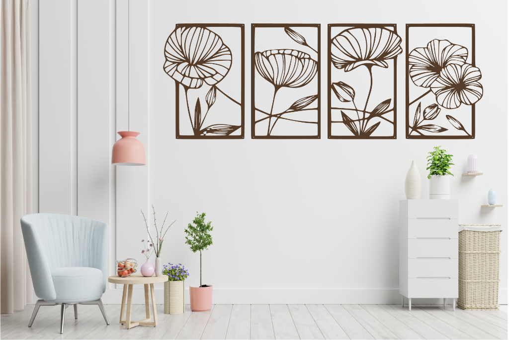 Set of four metal wall art pieces featuring intricate floral designs, finished in Rust Patina powder coating. The artwork is displayed on a white wall in a modern living room setting with soft pastel tones and cozy furniture, adding a natural and elegant touch to the space.