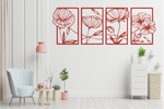 Set of four metal wall art pieces featuring intricate floral designs, finished in Signal Red powder coating. The artwork is displayed on a white wall in a modern living room setting with soft pastel tones and cozy furniture, adding a natural and elegant touch to the space.