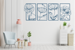 Set of four metal wall art pieces featuring intricate floral designs, finished in Wedgwood Satin powder coating. The artwork is displayed on a white wall in a modern living room setting with soft pastel tones and cozy furniture, adding a natural and elegant touch to the space.