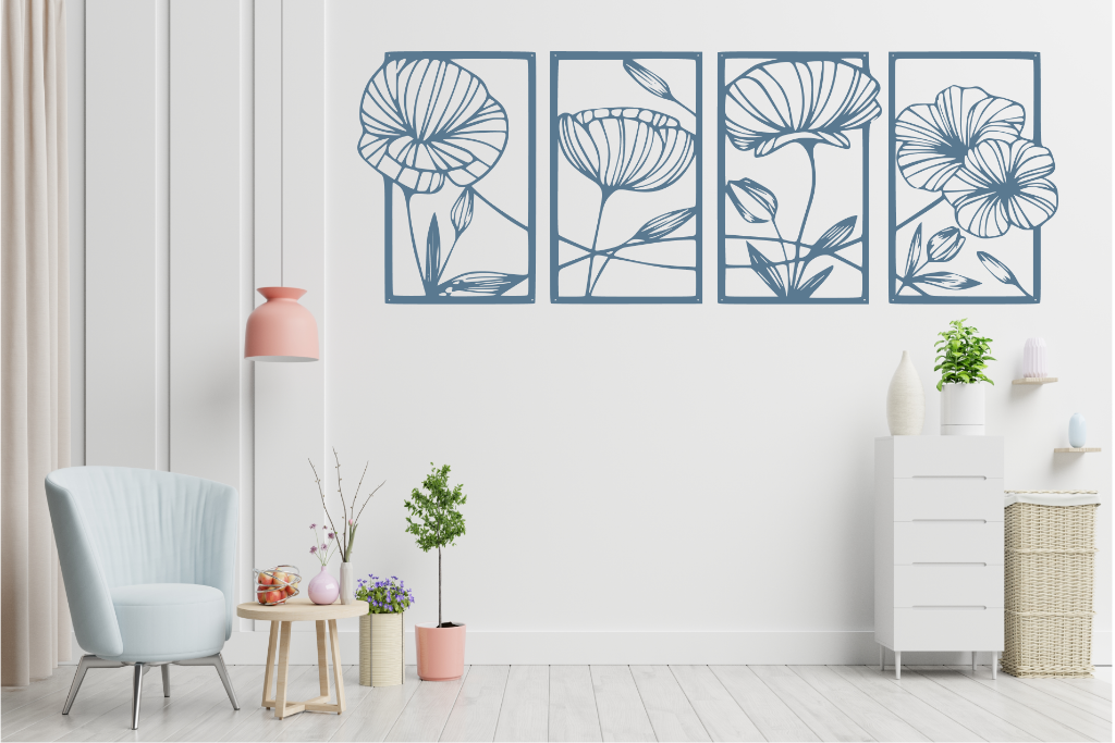 Set of four metal wall art pieces featuring intricate floral designs, finished in Wedgwood Satin powder coating. The artwork is displayed on a white wall in a modern living room setting with soft pastel tones and cozy furniture, adding a natural and elegant touch to the space.