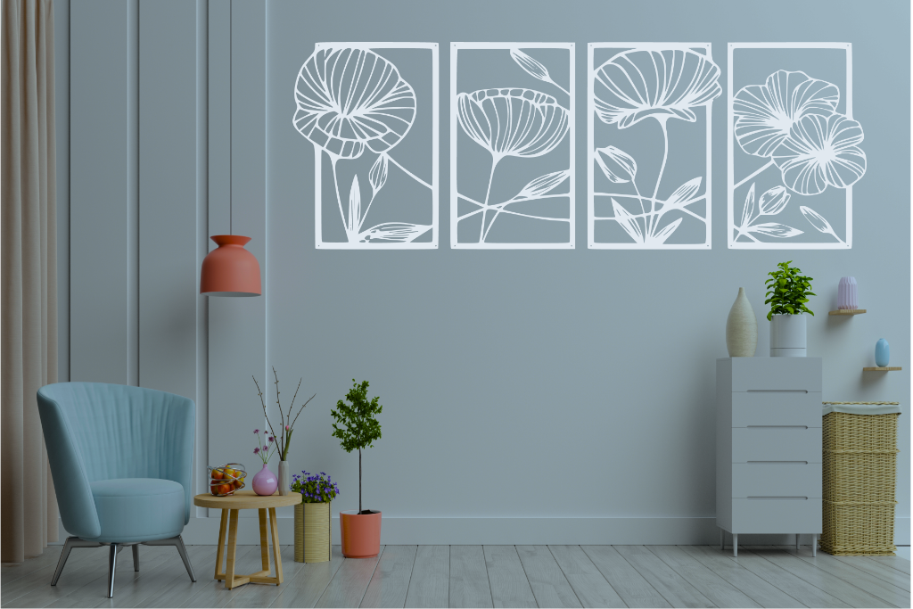 Set of four metal wall art pieces featuring intricate floral designs, finished in Bright White Gloss powder coating. The artwork is displayed on a white wall in a modern living room setting with soft pastel tones and cozy furniture, adding a natural and elegant touch to the space.