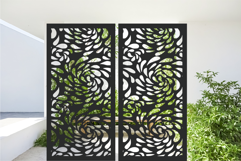 Metal privacy screen featuring a swirling droplet pattern, finished in Night Sky Matt Black powder coating. The screen is displayed outdoors with green foliage visible through the cutout design, offering an elegant and organic element to any outdoor space.