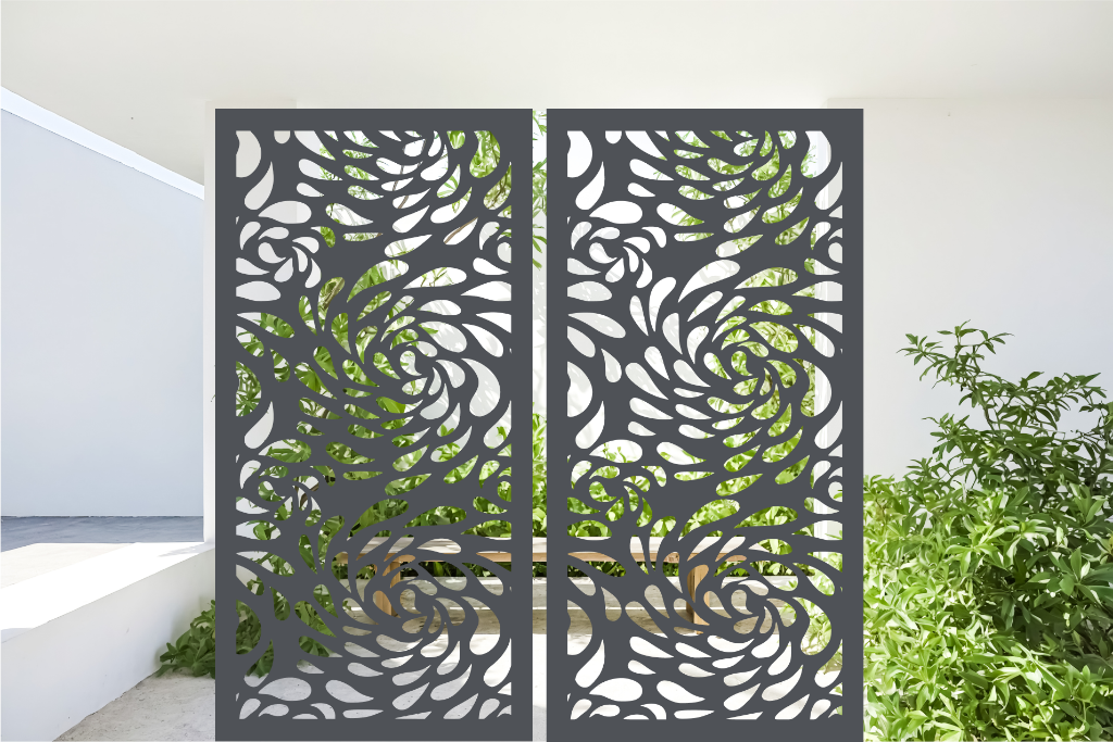 Metal privacy screen featuring a swirling droplet pattern, finished in Berry Grey Gloss powder coating. The screen is displayed outdoors with green foliage visible through the cutout design, offering an elegant and organic element to any outdoor space.