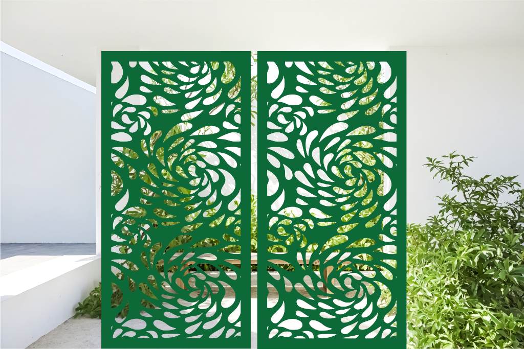 Metal privacy screen featuring a swirling droplet pattern, finished in Mistletoe powder coating. The screen is displayed outdoors with green foliage visible through the cutout design, offering an elegant and organic element to any outdoor space.