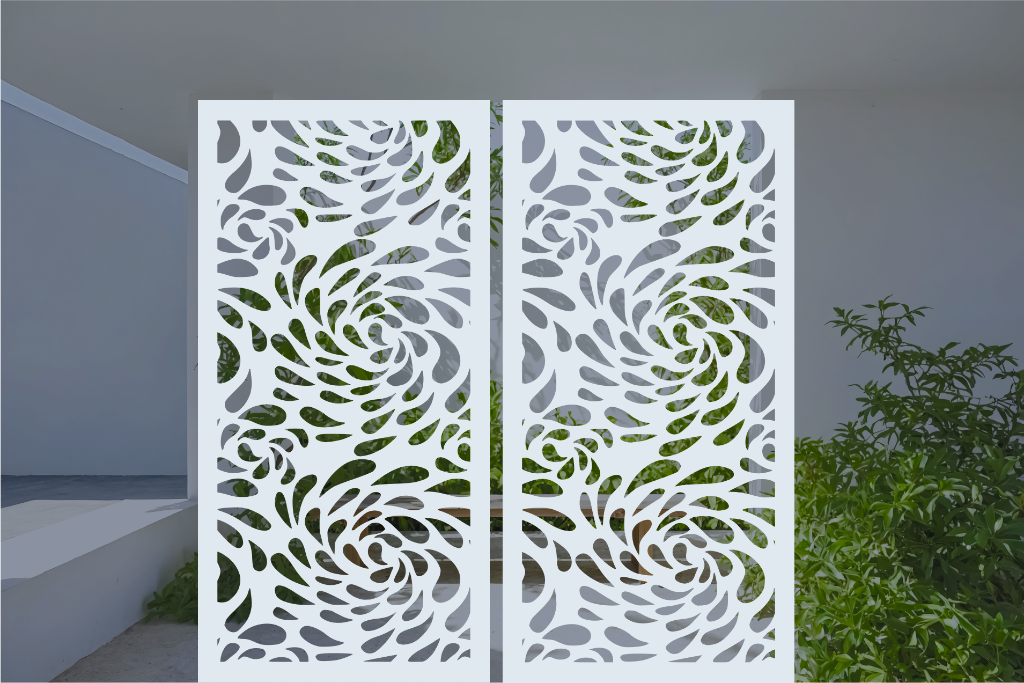 Metal privacy screen featuring a swirling droplet pattern, finished in Bright White Gloss powder coating. The screen is displayed outdoors with green foliage visible through the cutout design, offering an elegant and organic element to any outdoor space.