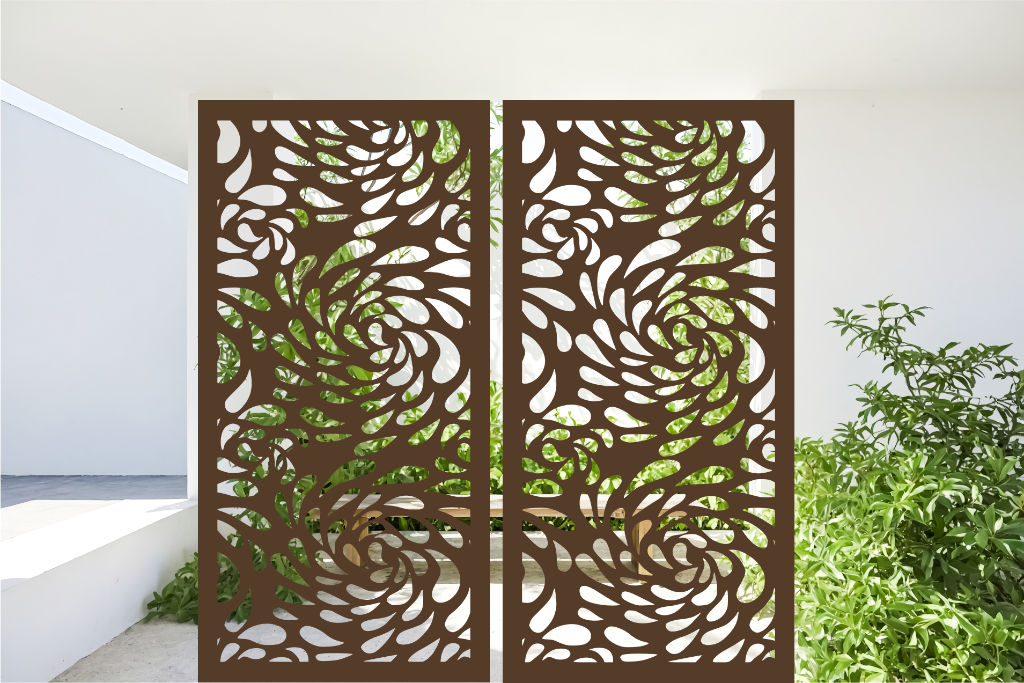 Metal privacy screen featuring a swirling droplet pattern, finished in Rust Patina powder coating. The screen is displayed outdoors with green foliage visible through the cutout design, offering an elegant and organic element to any outdoor space.