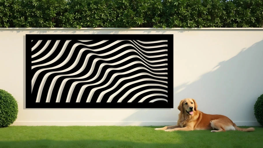 Sleek Fluid Harmony metal wall art panel in Night Sky Matt Black, offering a bold yet minimalistic wave design for contemporary garden or indoor settings.