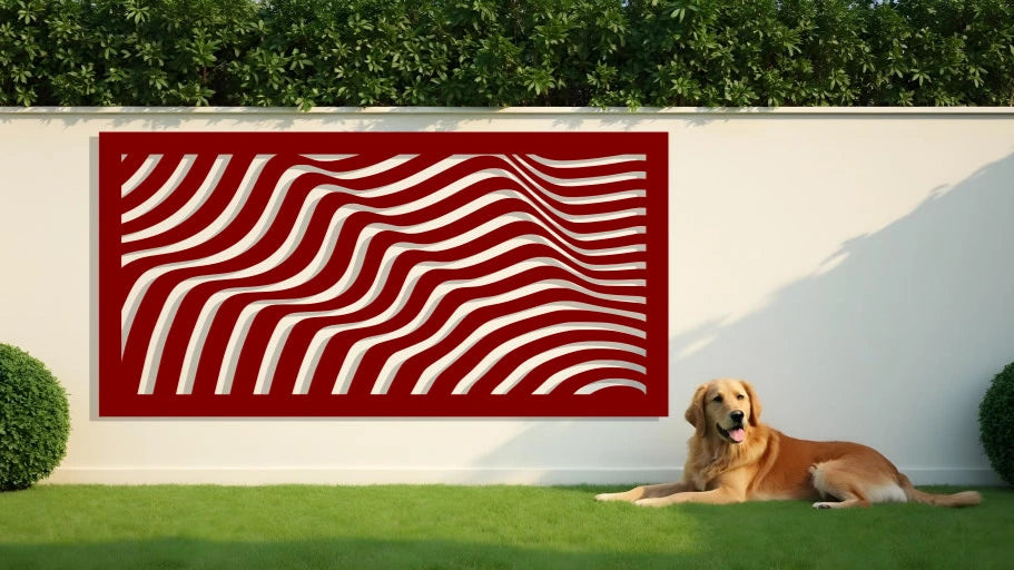 Bold and modern Fluid Harmony metal wall art panel in Manor Red, featuring intricate wave designs for a striking and energetic addition to outdoor walls.